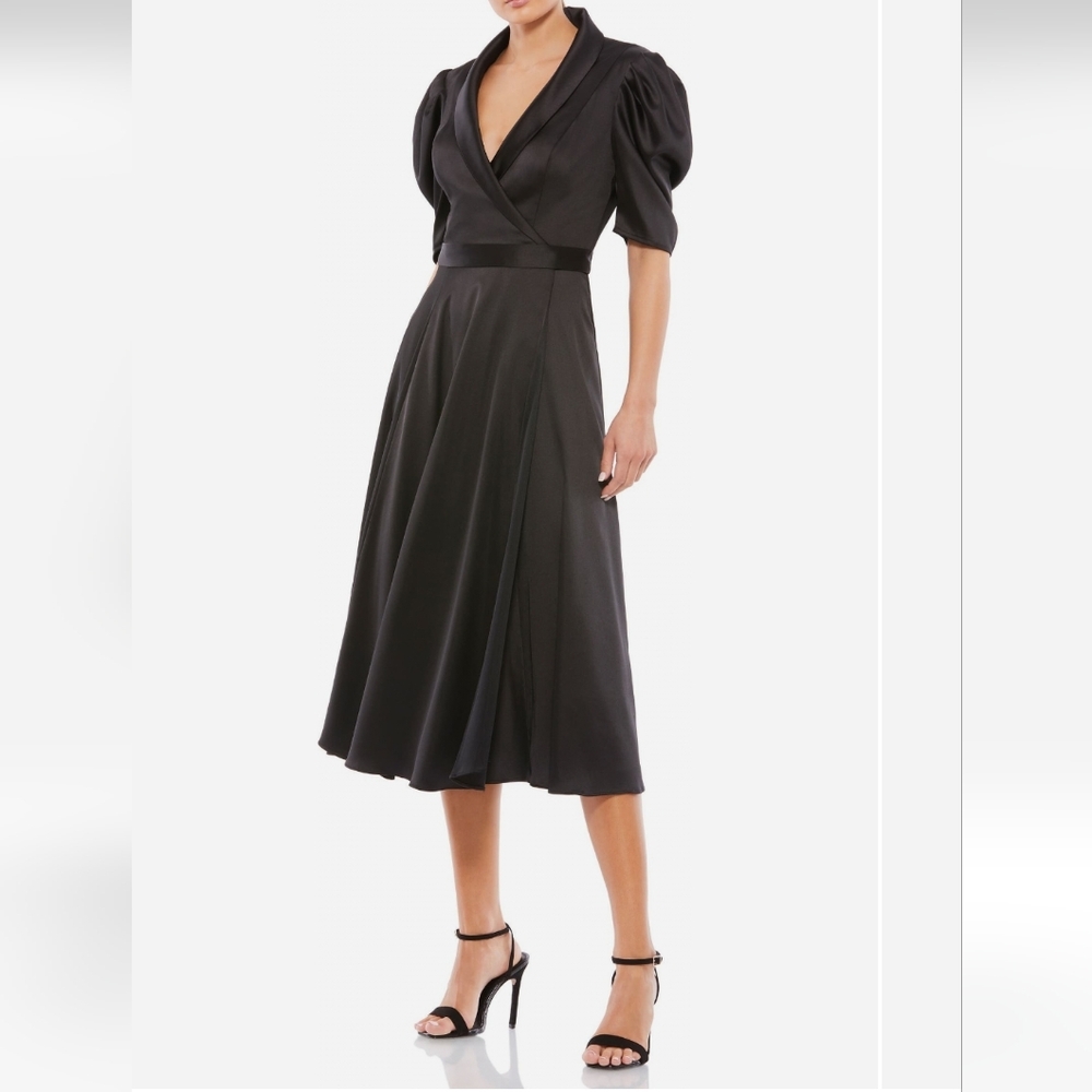 Mac Duggal Satin Dress with Lapel and Puff Sleeve Size 8